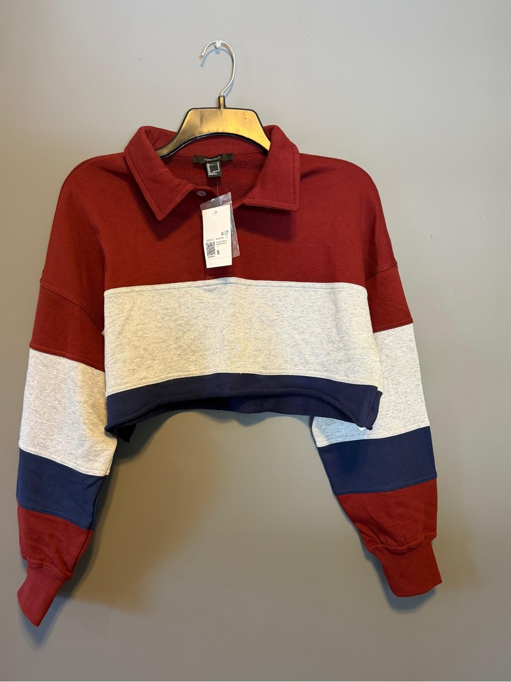 Forever 21 Cropped Colorblock Collared Sweater - Burgundy, Gray & Navy